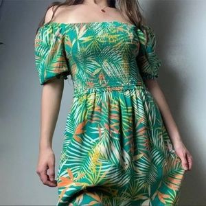 Betsey Johnson Green Palm Leaf Tropical Smocked Tiered Maxi Dress